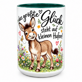 Großer Keramikbecher mit Eselmotiv und Spruch